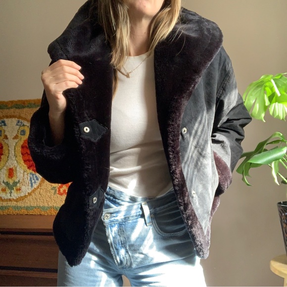 Vintage Black Leather Faux Shearling Cropped Jacket Size Large - Picture 1 of 7